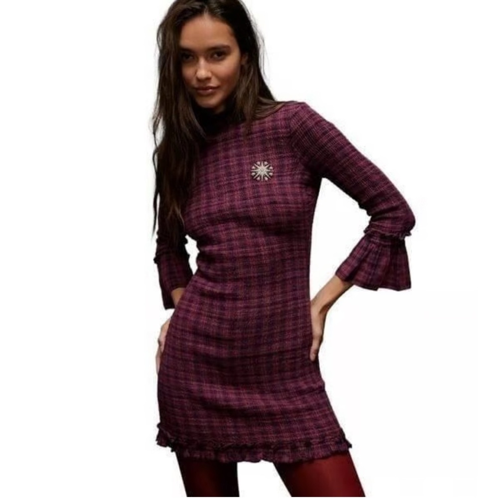 Free People Autumn Chill Plaid Mini Dress in Pomegranate Overdye - Picture 3 of 8
